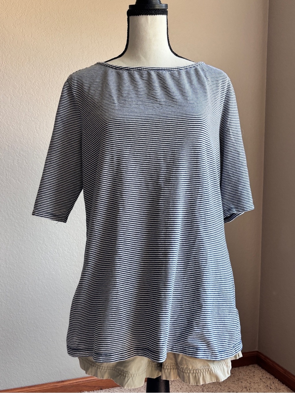 Covington Essentials Navy White Striped Boat Neck Elbow Sleeve Top women’s XL